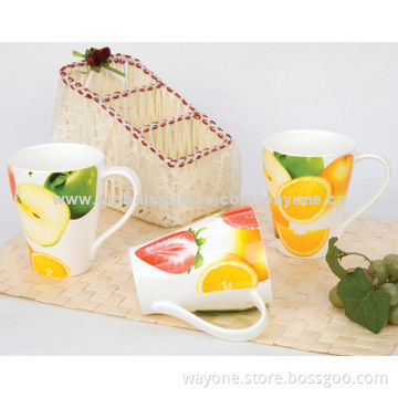 V-shaped 11oz Fine China/Porcelain Mugs for Promotion and Gift, with Decal Printing, Fruit Design